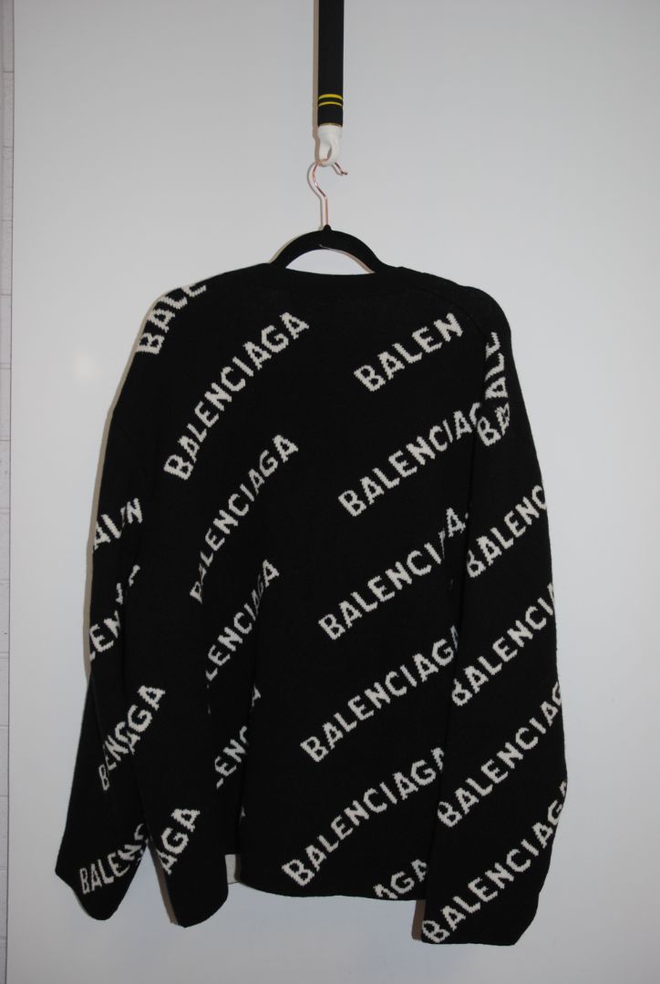 black and white Balenciaga Oversized Logo Intarsia Cardigan, L