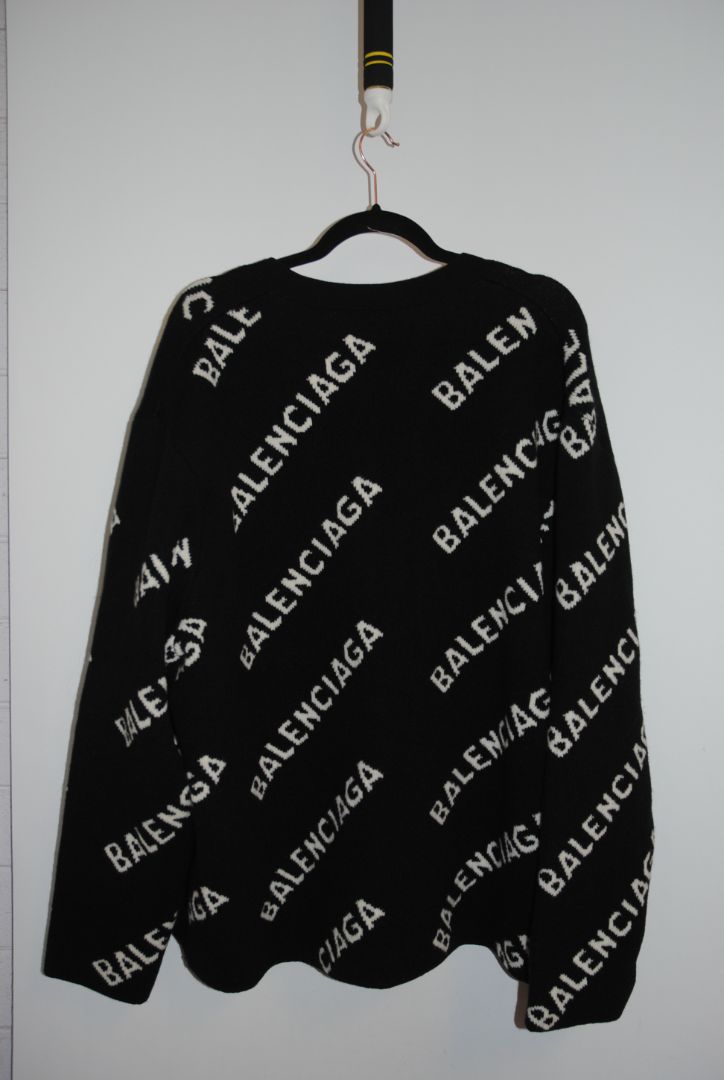 black and white Balenciaga Oversized Logo Intarsia Cardigan, L