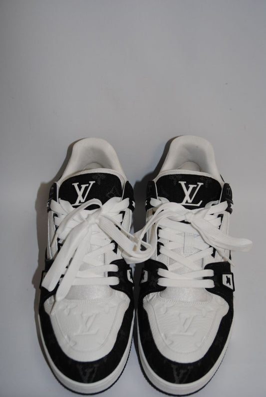 black and white Louis Vuitton LV Trainer Sneaker – Monogram Denim & White Calf Leather, 9 US