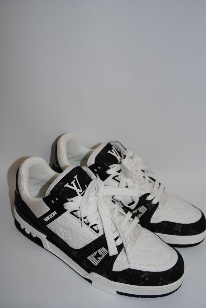black and white Louis Vuitton LV Trainer Sneaker – Monogram Denim & White Calf Leather, 9 US