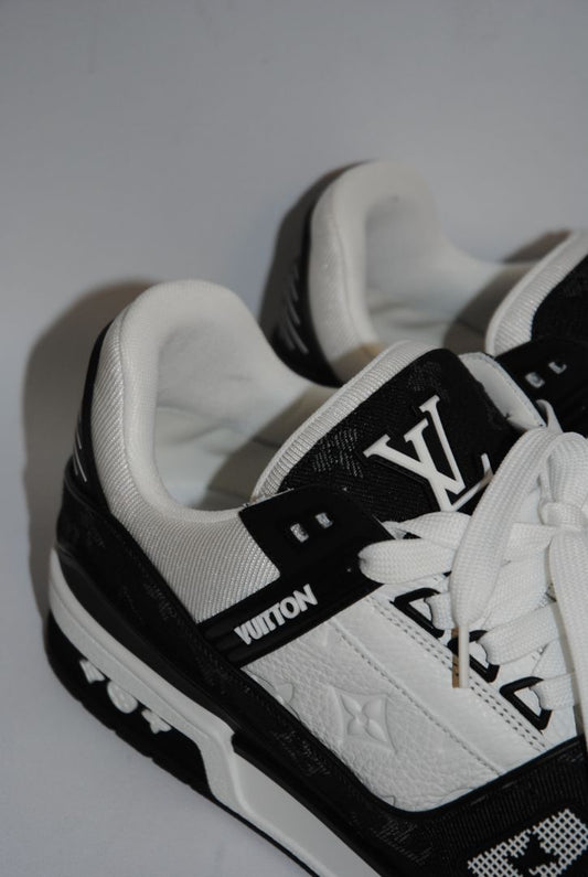 black and white Louis Vuitton LV Trainer Sneaker – Monogram Denim & White Calf Leather, 9 US
