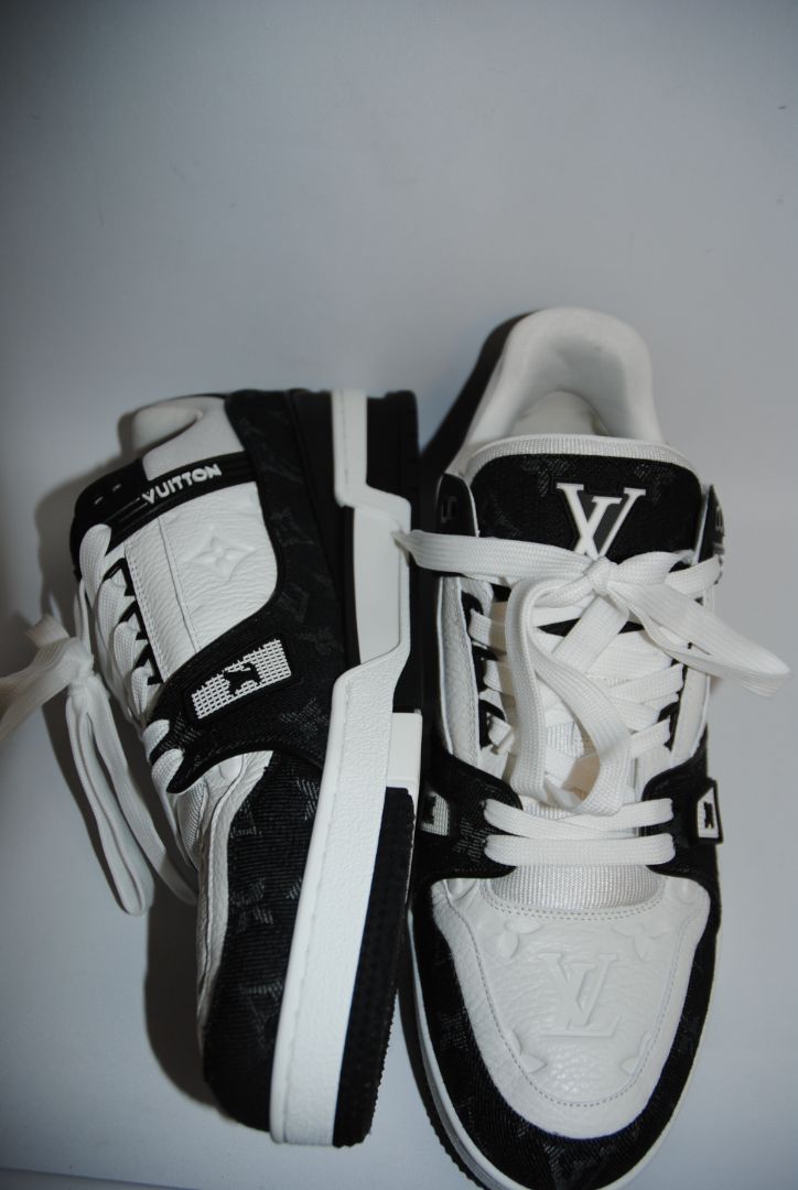 black and white Louis Vuitton LV Trainer Sneaker – Monogram Denim & White Calf Leather, 9 US