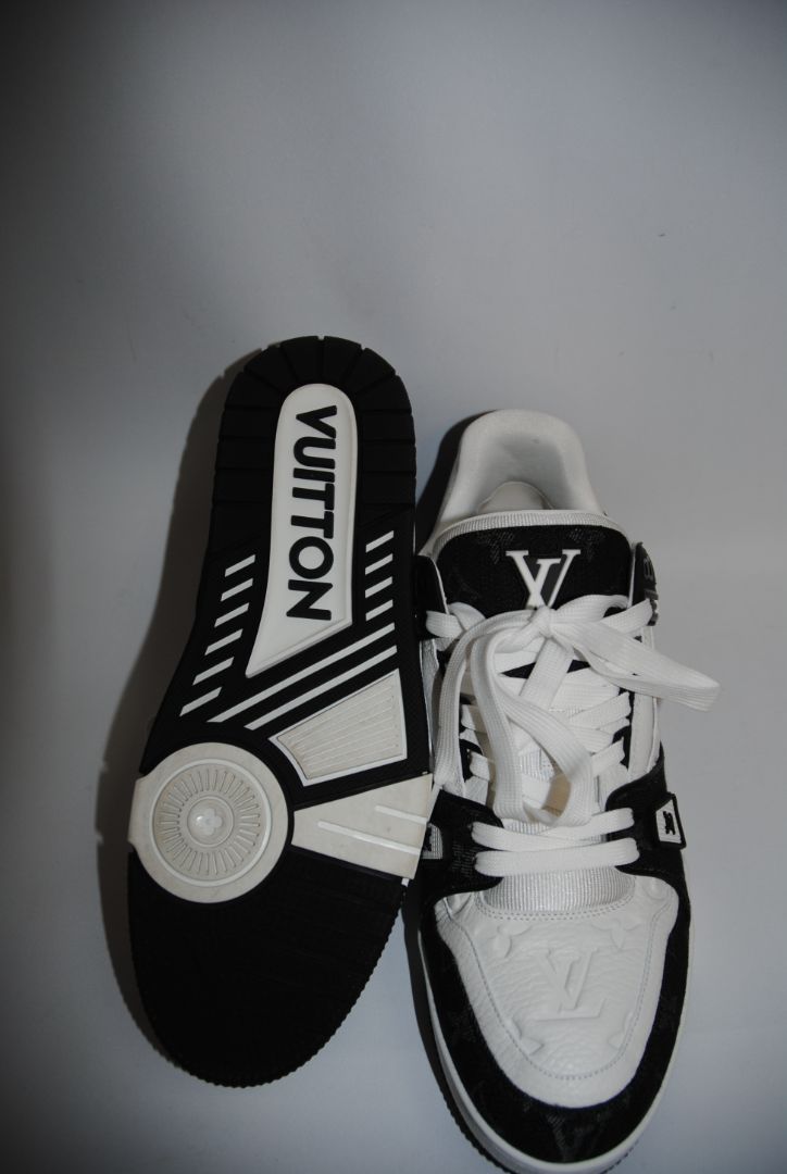 black and white Louis Vuitton LV Trainer Sneaker – Monogram Denim & White Calf Leather, 9 US
