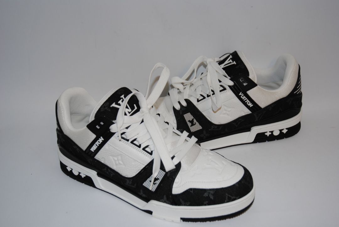black and white Louis Vuitton LV Trainer Sneaker – Monogram Denim & White Calf Leather, 9 US