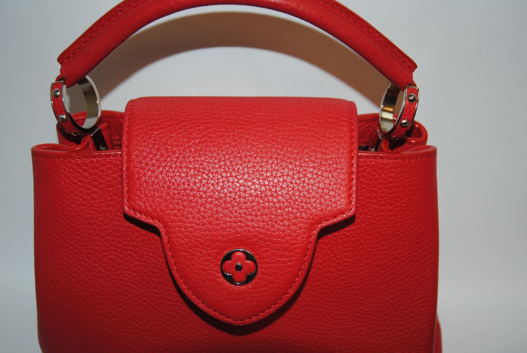 red taurillion leather Louis Vuitton Capucines Nano, measures 6.4 × 4.3 × 2.6 inches (16.3 × 10.9 × 6.6 cm).
