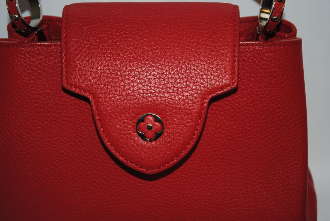 red taurillion leather Louis Vuitton Capucines Nano, measures 6.4 × 4.3 × 2.6 inches (16.3 × 10.9 × 6.6 cm).