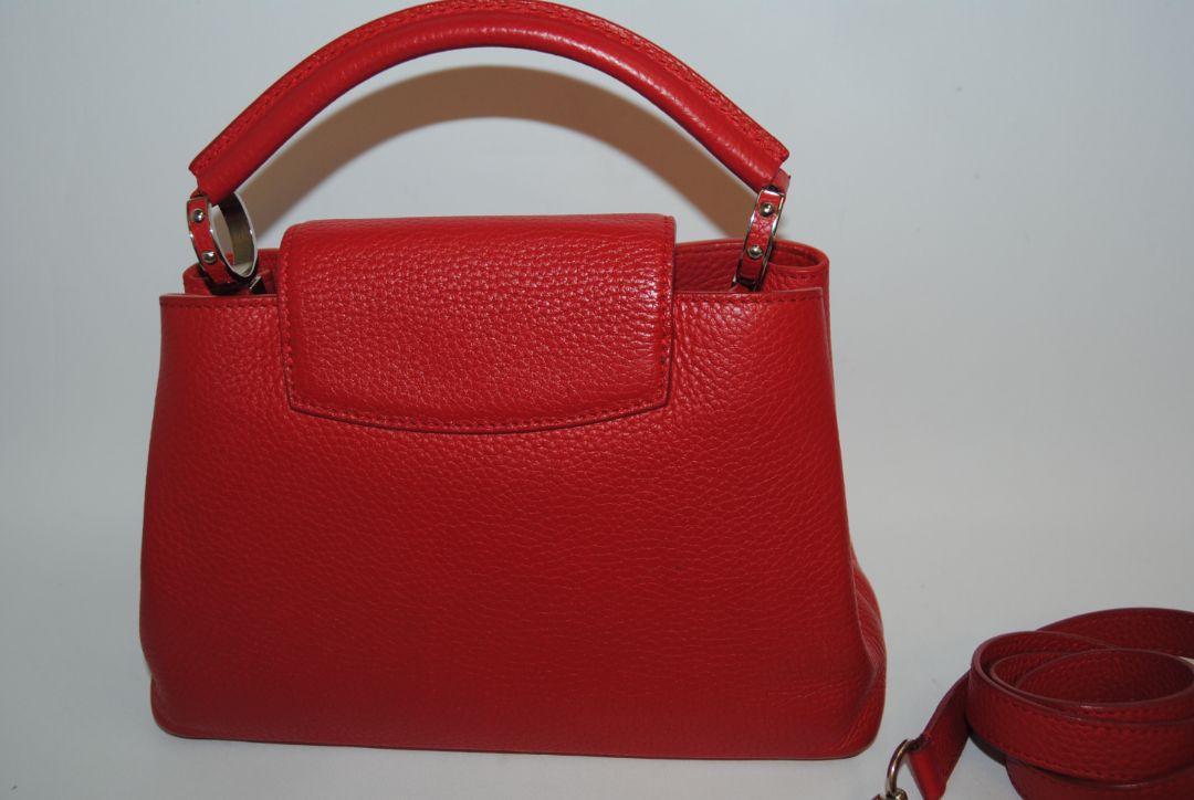 red taurillion leather Louis Vuitton Capucines Nano, measures 6.4 × 4.3 × 2.6 inches (16.3 × 10.9 × 6.6 cm).