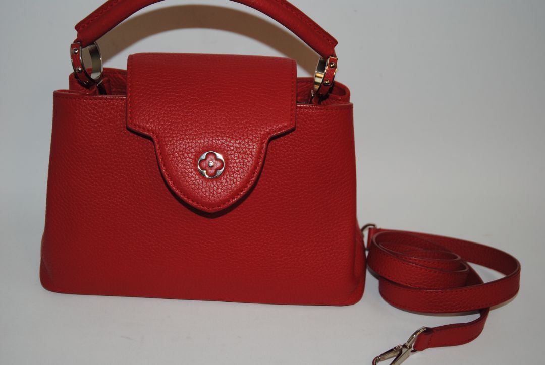 red taurillion leather Louis Vuitton Capucines Nano, measures 6.4 × 4.3 × 2.6 inches (16.3 × 10.9 × 6.6 cm).