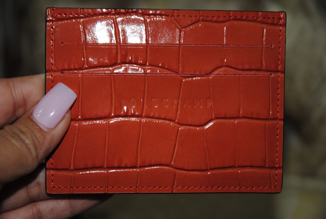 brown Longchamp Croc-Embossed, Height: 3 in (7.5 cm) Width: 4 in (10 cm) Depth: 0.25 in (0.6 cm)