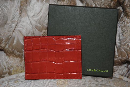 brown Longchamp Croc-Embossed, Height: 3 in (7.5 cm) Width: 4 in (10 cm) Depth: 0.25 in (0.6 cm)