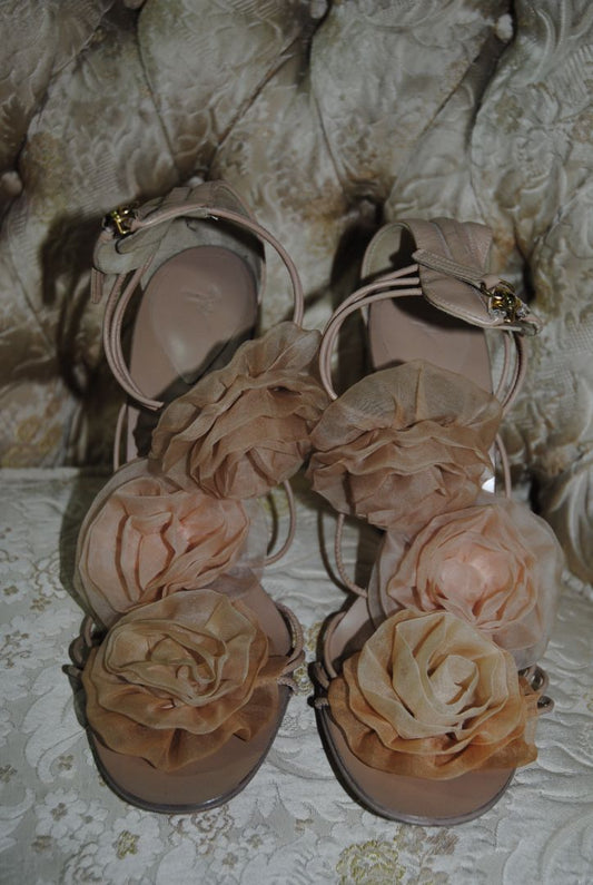 beige Giuseppe Zanotti Floral Organza Strappy Sandals, 9.5