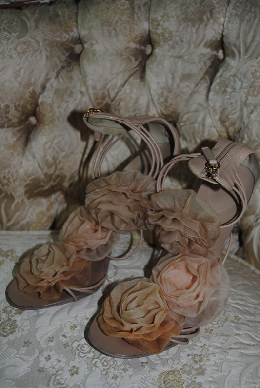 beige Giuseppe Zanotti Floral Organza Strappy Sandals, 9.5