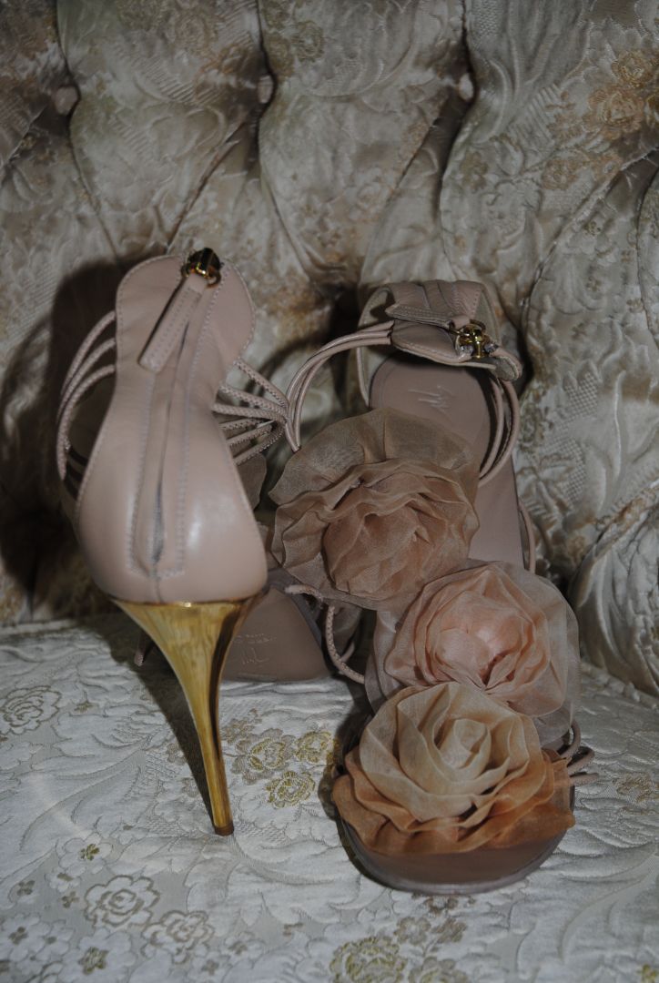 beige Giuseppe Zanotti Floral Organza Strappy Sandals, 9.5