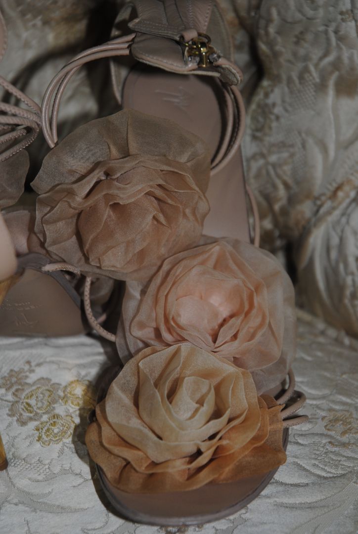 beige Giuseppe Zanotti Floral Organza Strappy Sandals, 9.5