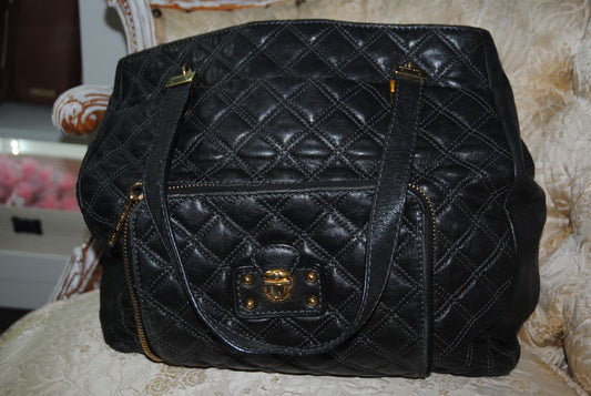 black Marc Jacobs Quilted Leather Tote Bag, Height: 13 in (33 cm) Width: 15 in (38 cm) Depth: 6 in (15 cm) Handle Drop: 8 in (20 cm)