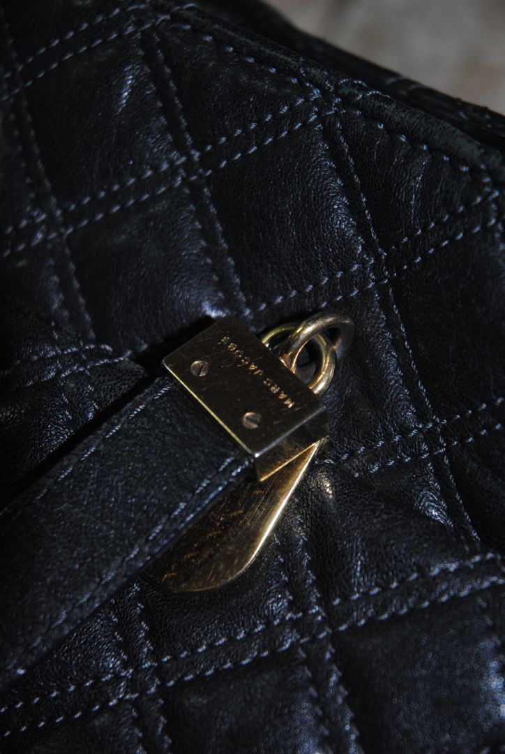 black Marc Jacobs Quilted Leather Tote Bag, Height: 13 in (33 cm) Width: 15 in (38 cm) Depth: 6 in (15 cm) Handle Drop: 8 in (20 cm)