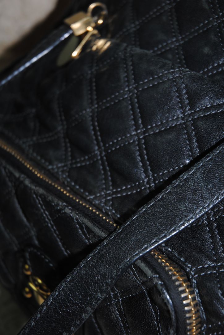 black Marc Jacobs Quilted Leather Tote Bag, Height: 13 in (33 cm) Width: 15 in (38 cm) Depth: 6 in (15 cm) Handle Drop: 8 in (20 cm)