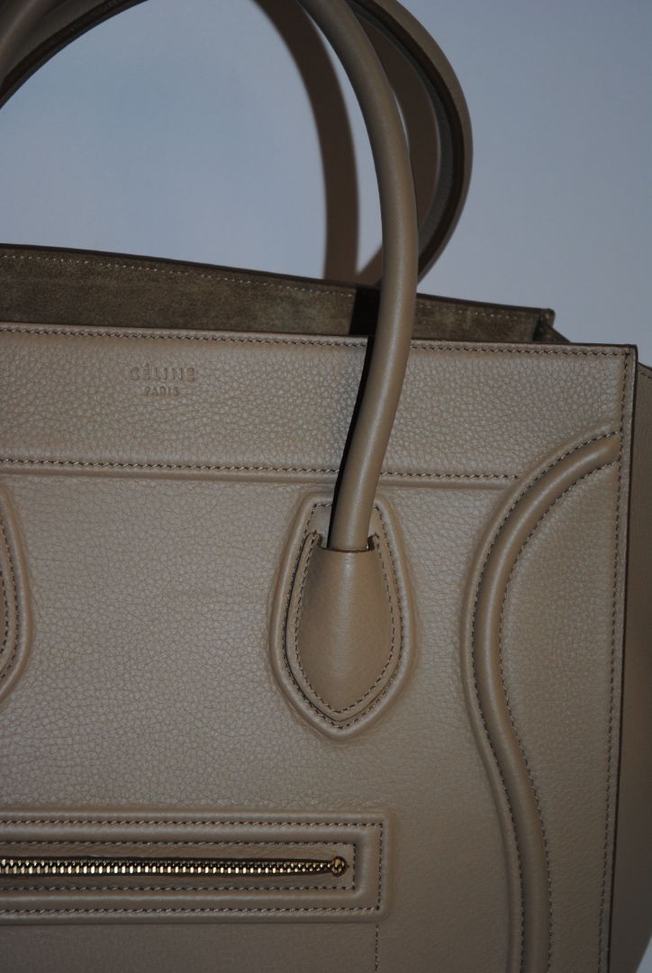 taupe Celine luggage phantom tote, Height: ~12″ (30.5 cm) Width (body): ~11″ (28 cm) Depth: ~6″ (15 cm) Drop of handles: ~5″ (These mirror typical Céline Luggage medium / mini dimensions)