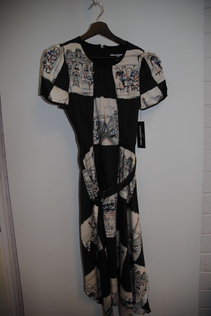 black and paris print Karl Lagerfeld puff belted dress, 2