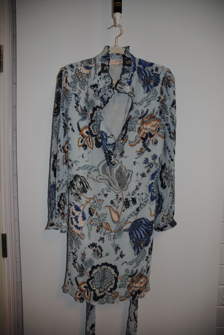 blue and white Tory Burch Floral Ruffle Silk Dress, 8