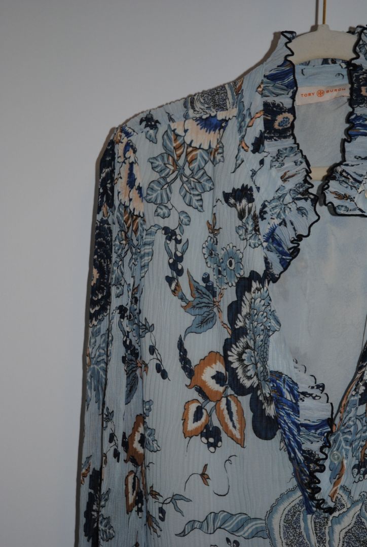 blue and white Tory Burch Floral Ruffle Silk Dress, 8