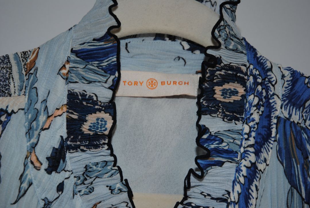 blue and white Tory Burch Floral Ruffle Silk Dress, 8