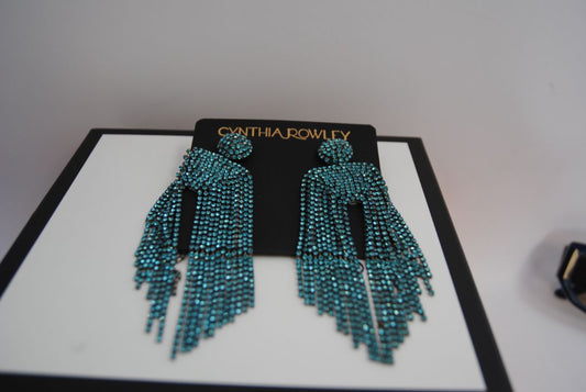 blue Cynthia Rowley rhinestone earrings waterfall, Length: ~6.5 in (16.5 cm) Width: ~2.5 in (6.4 cm) Weight: Lightweight (approx. 1.2 oz each)