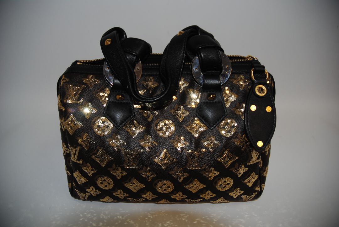 monogram embelished Louis Vuitton Sunshine Express Speedy LIMITED Edition, W ≈ 11″, H ≈ 8″, D ≈ 7″. Speedy 30 sizing (30 cm ~11.8″ width)approx. 11.8″ (W) × 7.5″ (H) × 5.5–6″ (D).