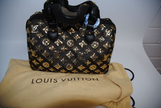 monogram embelished Louis Vuitton Sunshine Express Speedy LIMITED Edition, W ≈ 11″, H ≈ 8″, D ≈ 7″. Speedy 30 sizing (30 cm ~11.8″ width)approx. 11.8″ (W) × 7.5″ (H) × 5.5–6″ (D).