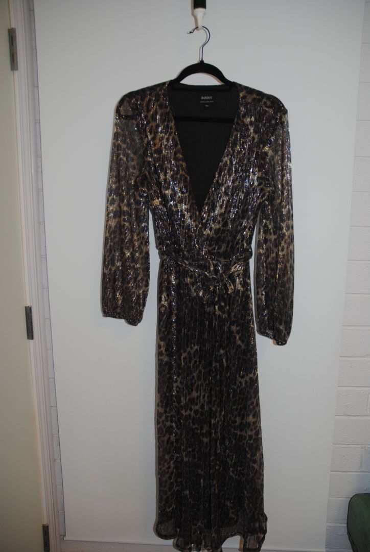 brown and tan Bardot wrap style maxi dress