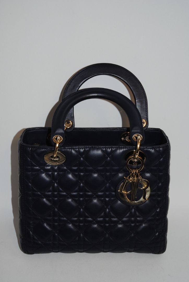 navy blue Christian Dior Dior Lady Dior Medium, Height: ~20 cm / 8 in Width: ~24 cm / 9.5 in Depth: ~11–12 cm / 4.5 in