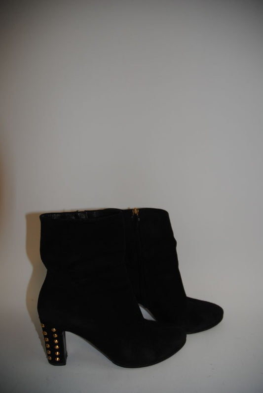 black and gold Gucci studded block heel suede boots, 36