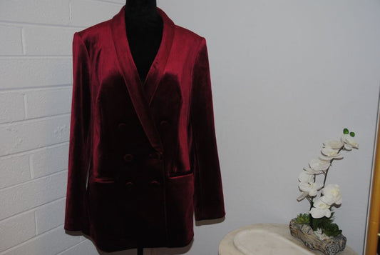 burgundy Express velvet shawl collar jacket, 10/Shoulder to shoulder: ~16.5 in Bust (pit to pit): ~20 in Waist: ~19 in Length (shoulder to hem): ~28 in Sleeve length: ~24 in