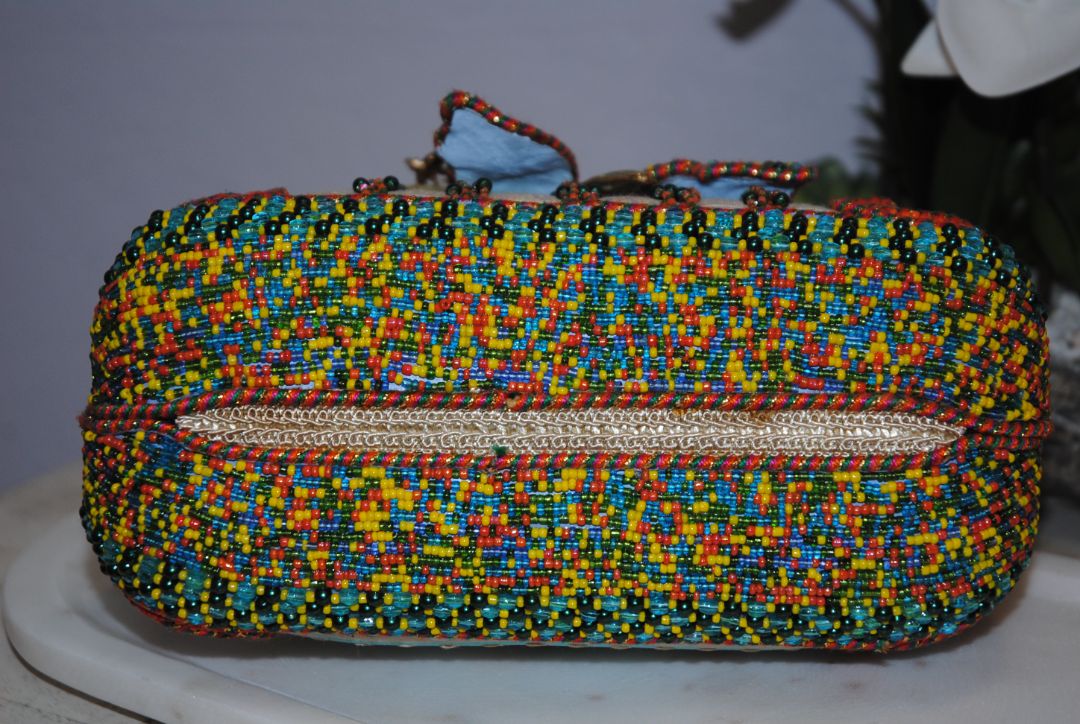multi color Mary Frances handmade beaded bag, Width: 9–10 in Height: 6–7 in (without handle) Depth: 3–3.5 in Handle Drop: 4–5 in (handheld braided bead handle)