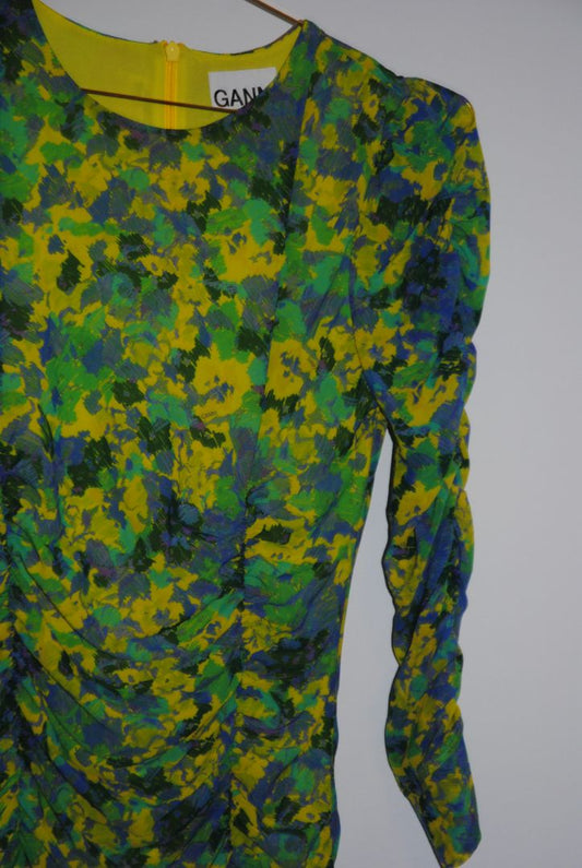 yellow , blue and green GANNI ruched dress bodycon, S
