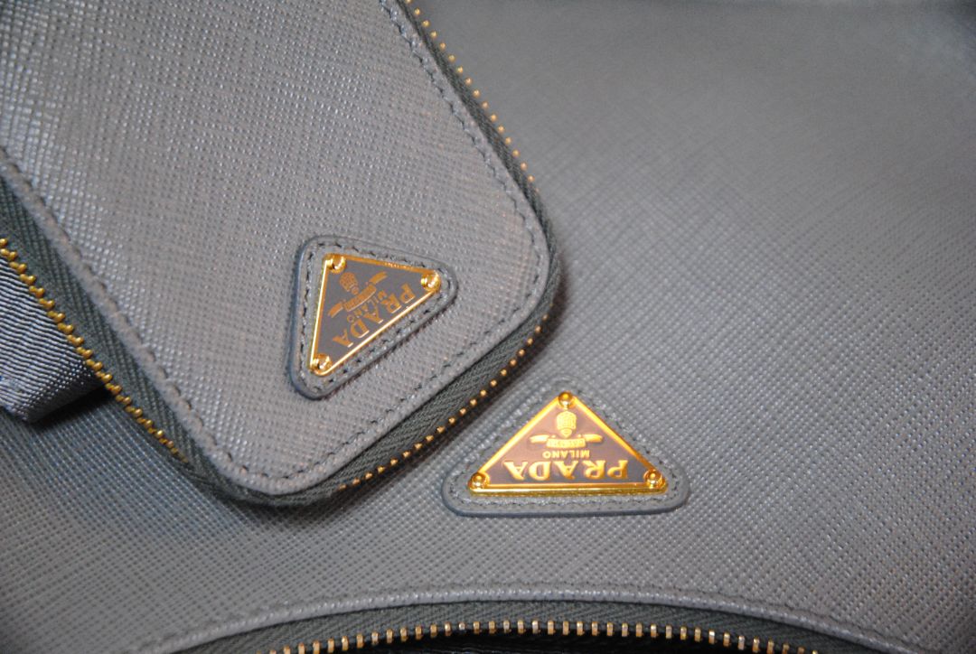 gray blue Prada re-edition 2005 saffiano leather shoulder bag with matching pouch
