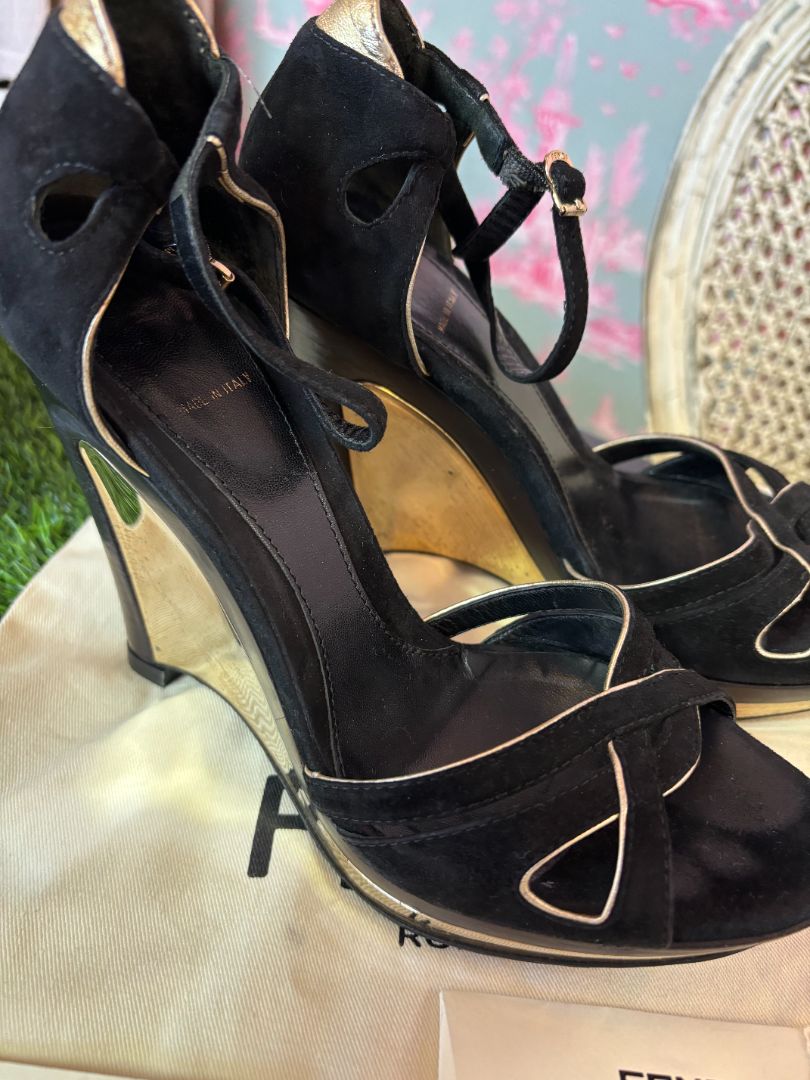 Fendi black metallic suede wedge sandals, EU 37, with ankle strap, open toe, and included dustbag and tag – Italian designer shoes