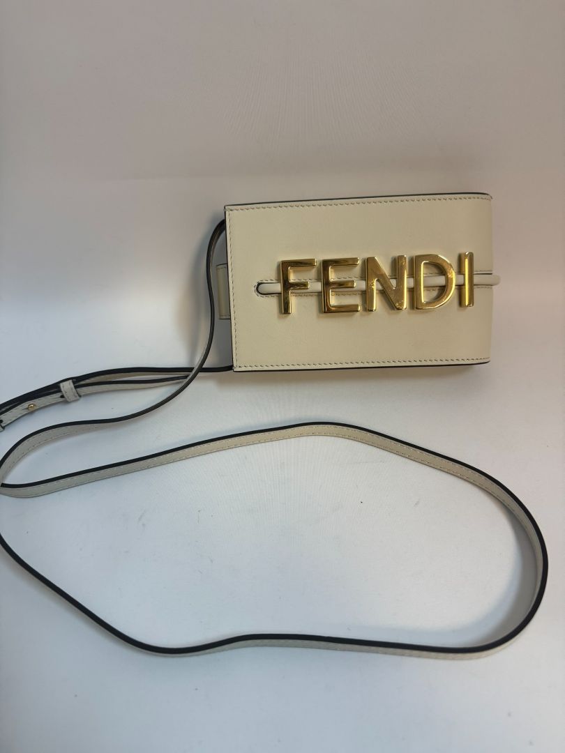 Fendi Fendigraphy Cellphone Pouch in signature FF monogram, featuring a sleek design with a detachable strap, gold-tone hardware, and a compact, functional interior to hold your phone and essentials.