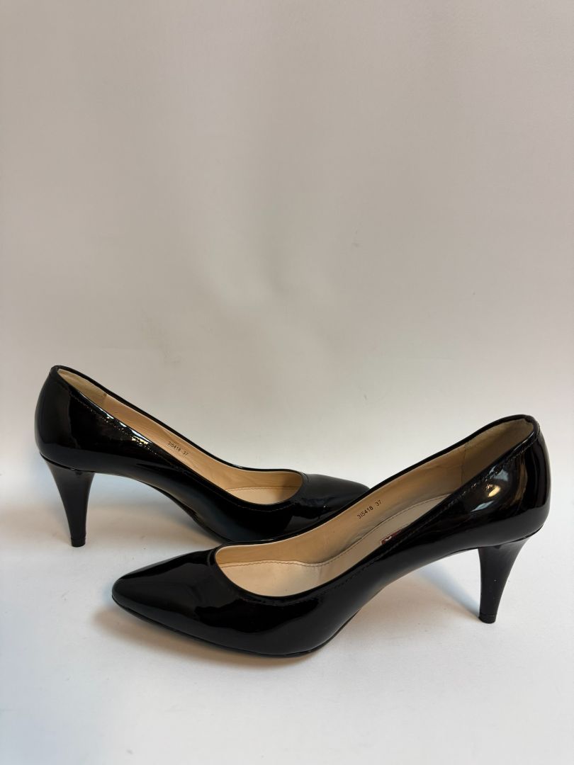 black Prada patent heels
