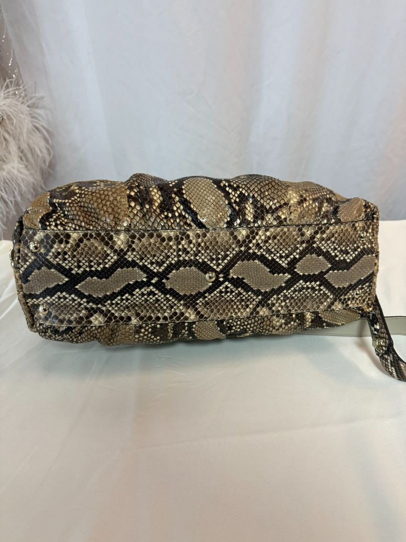 Taupe/ brown / beige Gucci Dome Pytho Satchel with Lucite Handles, Height: 9 in (22.8 cm) Width: 13.5 in (34.3 cm) Depth: 6 in (15.2 cm) Handle Drop: 5 in (12.7 cm) Strap Drop (detachable): approx. 18 in (45.7 cm)
