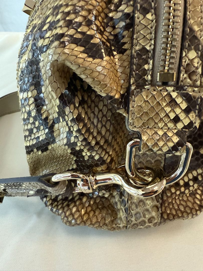 Taupe/ brown / beige Gucci Dome Pytho Satchel with Lucite Handles, Height: 9 in (22.8 cm) Width: 13.5 in (34.3 cm) Depth: 6 in (15.2 cm) Handle Drop: 5 in (12.7 cm) Strap Drop (detachable): approx. 18 in (45.7 cm)