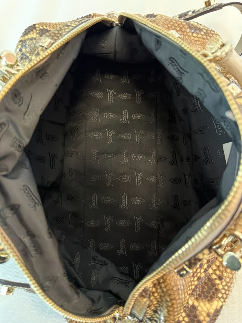Taupe/ brown / beige Gucci Dome Pytho Satchel with Lucite Handles, Height: 9 in (22.8 cm) Width: 13.5 in (34.3 cm) Depth: 6 in (15.2 cm) Handle Drop: 5 in (12.7 cm) Strap Drop (detachable): approx. 18 in (45.7 cm)