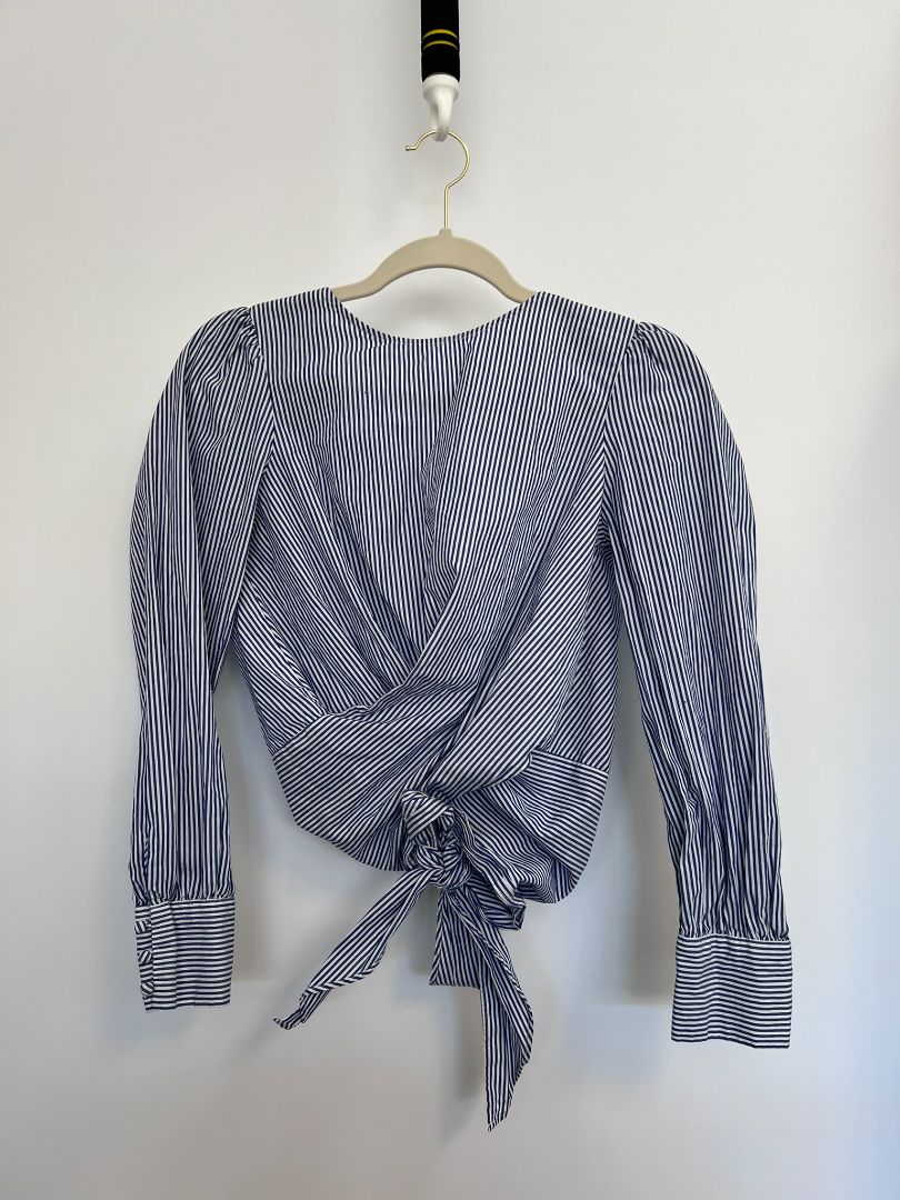 white & blue Zara Basic wrap top, S
