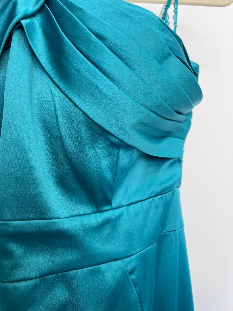 emerald green BCBGeneration strappy satin dress, 8