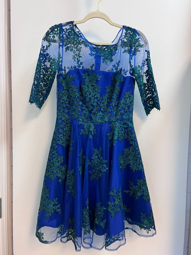 navy and green Monique Lhullier applique dress, 6