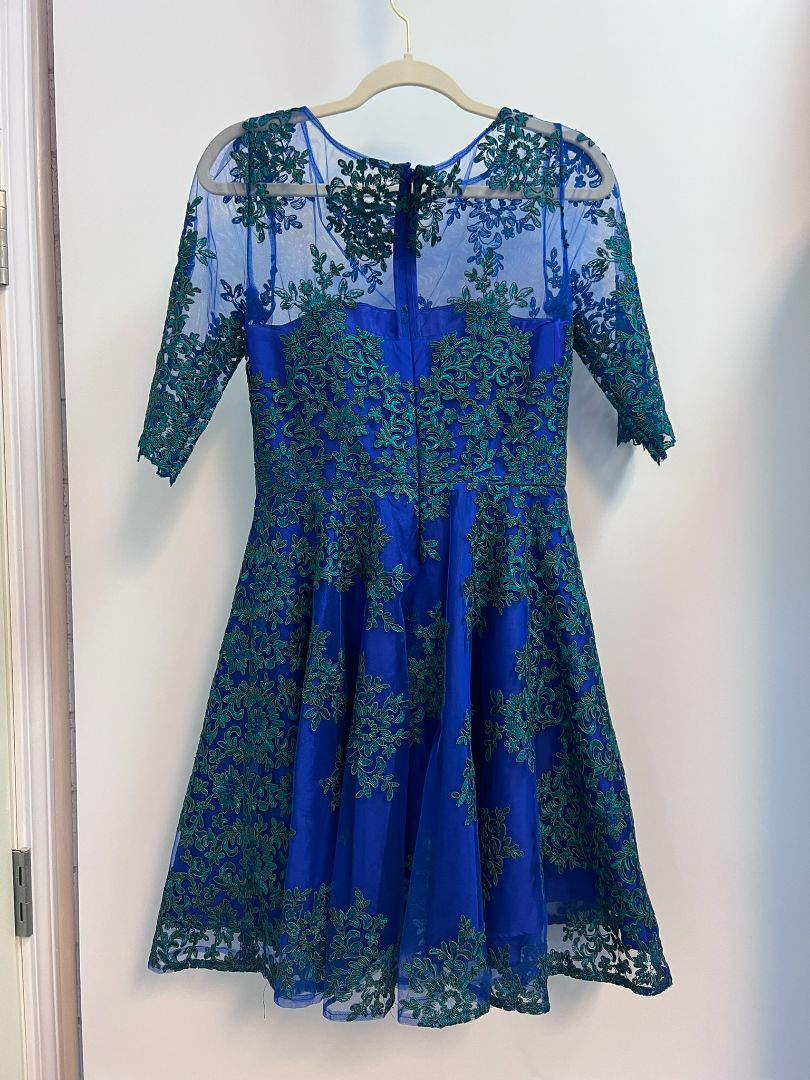 navy and green Monique Lhullier applique dress, 6