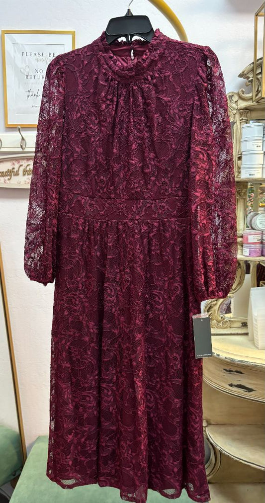 Wine Julia Jordan Lace long sleeve dress tea length NWT, 8