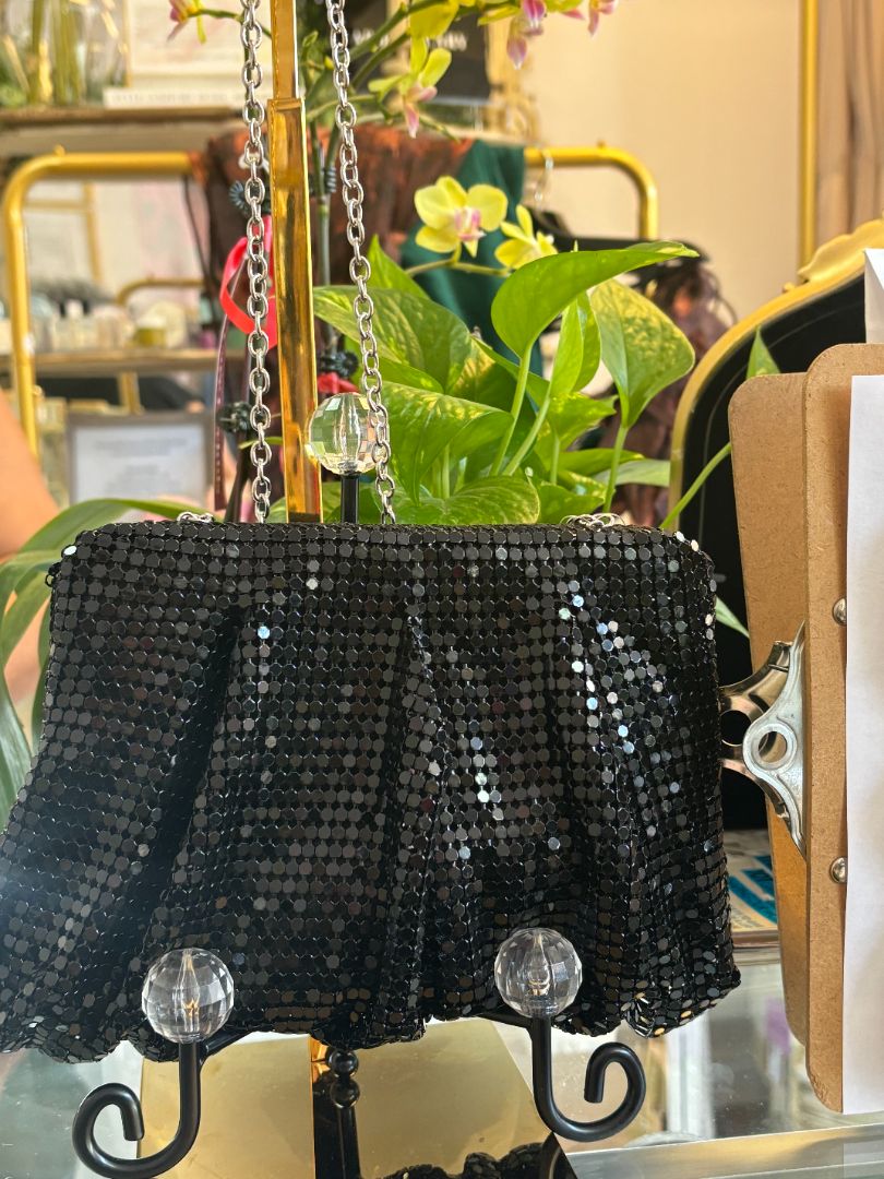 black, silver Jessica Mclintock evening bag mesh with strap, 6 x 9