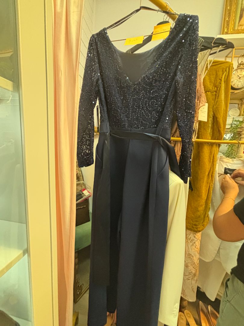 midnight blue Tahari sequined satin belted jumpsuit NWT, 14