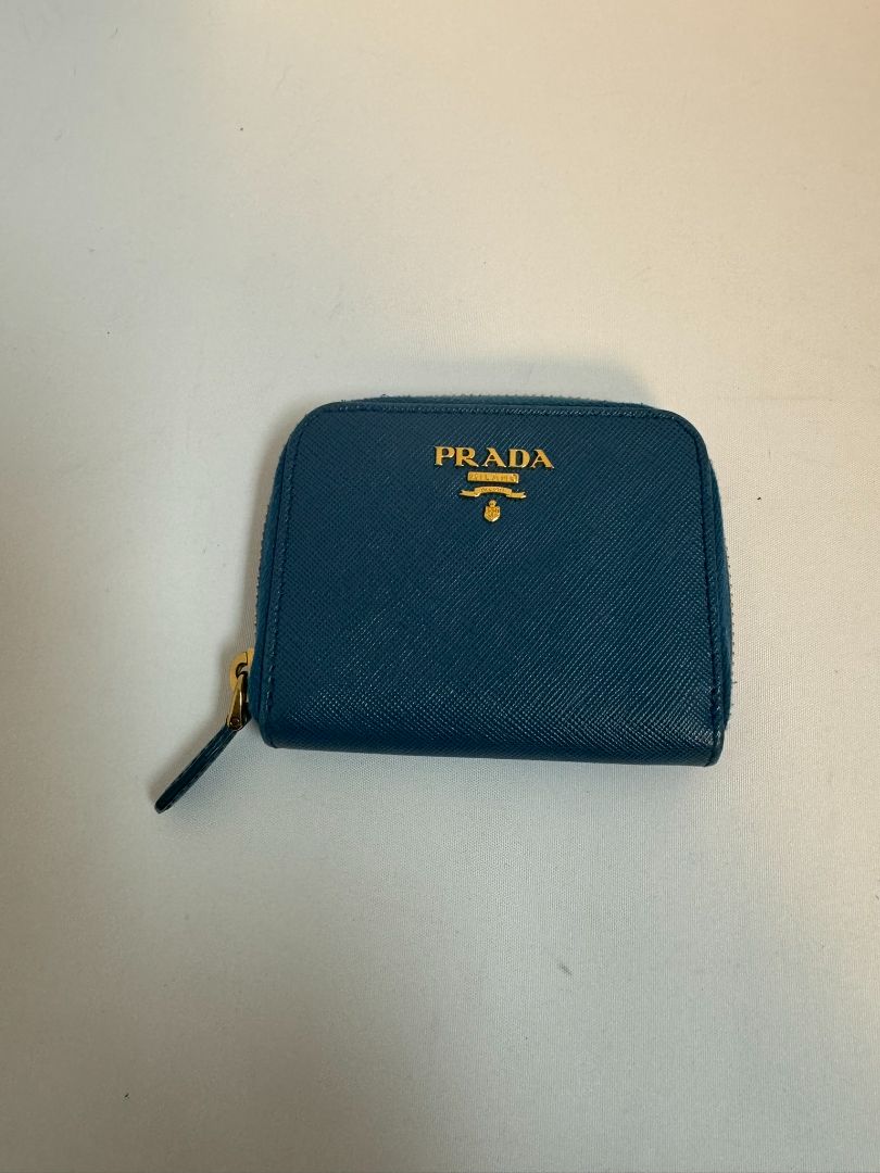 blue Prada zip up wallet, 4.75 X 3.75